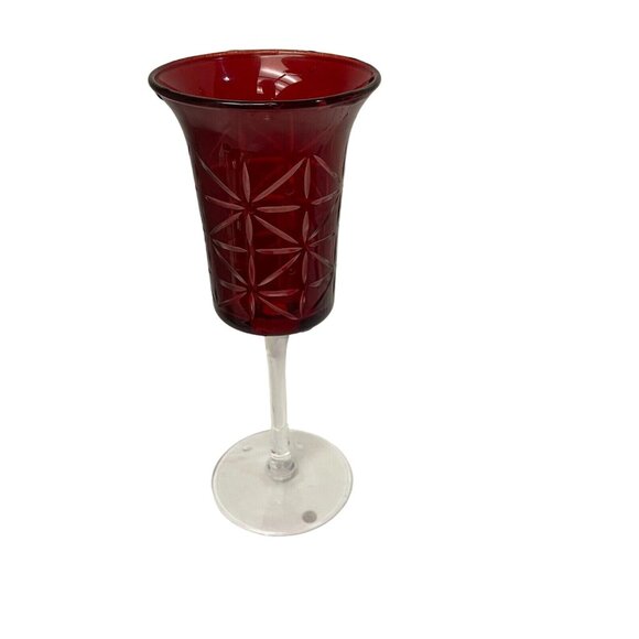Candle Holder Red Cut Clear Glass Votive Star Starburst Stem Home Decor Holiday - Picture 2 of 7